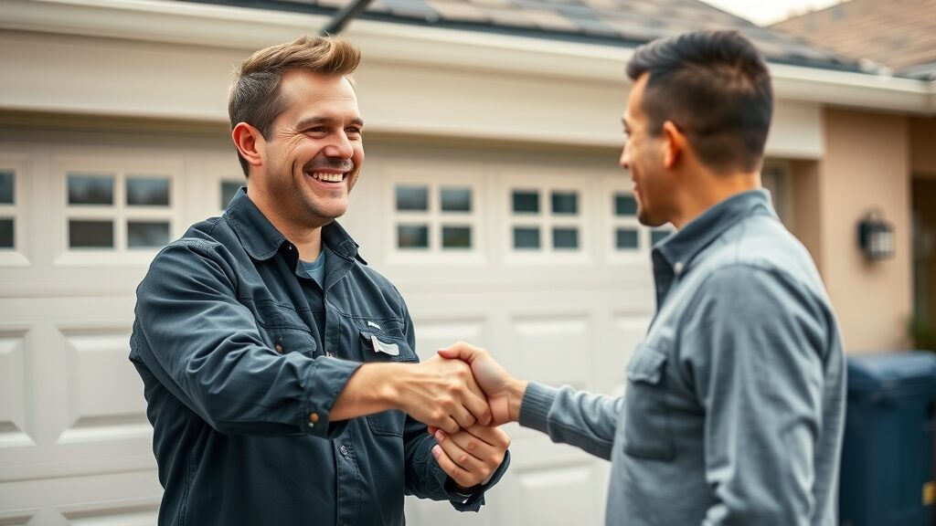 Eustis garage door technician shaking hands with satisfied customer in front of a secure residential garage