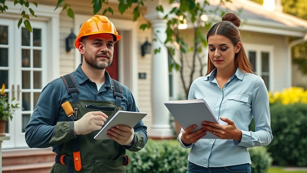 side-by-side of a property maintenance worker with tools and a property manager with clipboard inspecting a Eustis property – property maintenance and management comparison