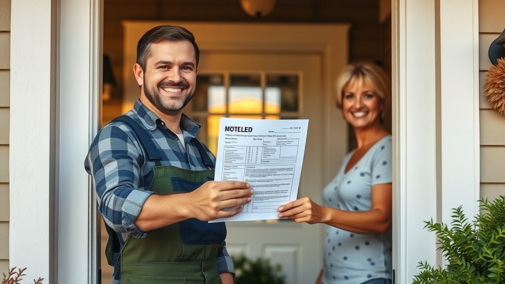 Smiling handyman handing background check documents to homeowner, doorway setting, trust and professionalism, cozy porch, golden sunlight.