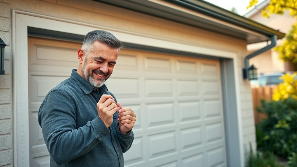 Secure modern garage door, confident homeowner, examining lock, garage door security in a lush residential neighborhood in the morning sunlight