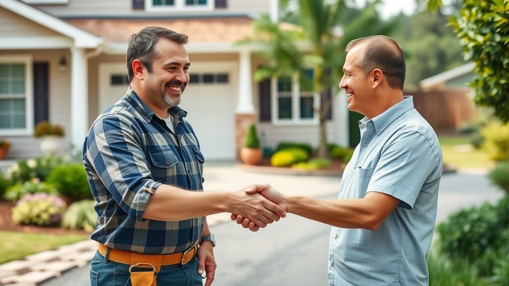 trustworthy licensed handyman Eustis FL and happy homeowner shaking hands in residential driveway, home and garden setting