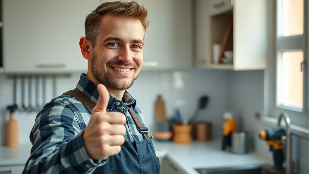 affordable handyman eustis giving a thumbs-up while fixing a kitchen cabinet in a modern kitchen