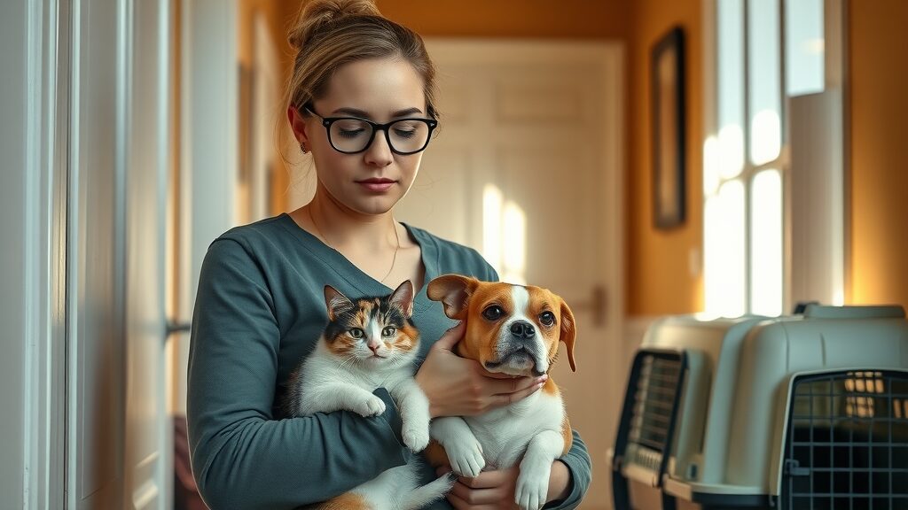 caring pet owner ensuring pets are secure during home pest control treatment, moving cat and dog into a safe room, visible pet carriers in a cozy entryway