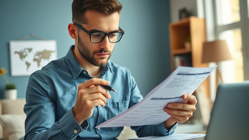 Focused professional inspecting home project checklist, thoughtful, marking off tasks, photorealistic high fidelity lifelike, home office setting with laptop and service contracts visible, highly detailed, natural movement of papers, natural daylight, calm blue and tan colors, shot with an 85mm lens.