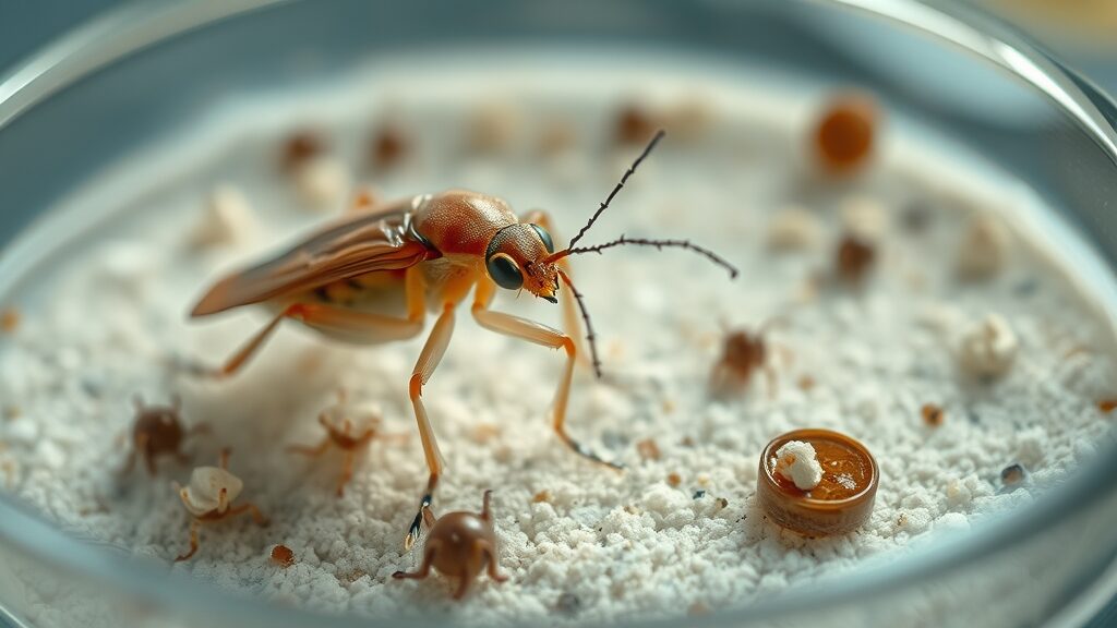 Microscopic view of diatomaceous earth targeting soft-bodied insect pest, demonstrating natural pest control at work