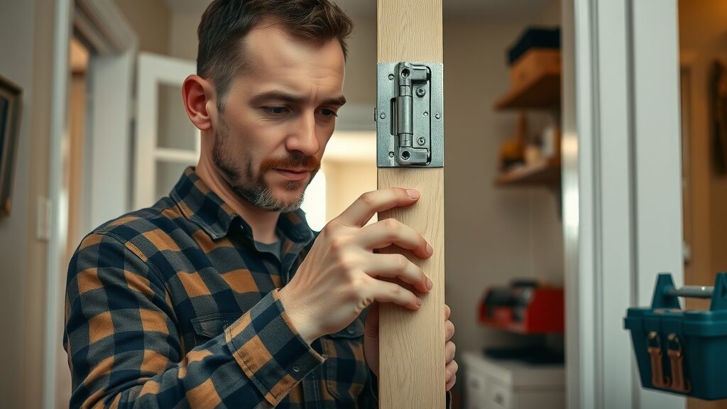 Skilled handyman at work on a home door hinge in Eustis FL, organized tool kit, hands-on