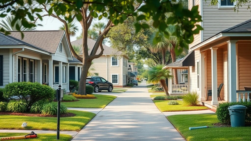 Inviting neighborhood street in Eustis, Florida, peaceful and well-maintained homes, friendly atmosphere, subtle signs of ongoing home maintenance, photorealistic high fidelity lifelike, background with manicured lawns and tools nearby, highly detailed, subtle movement of leaves in the breeze, vivid colors, natural daylight, shot with a 35mm camera lens.