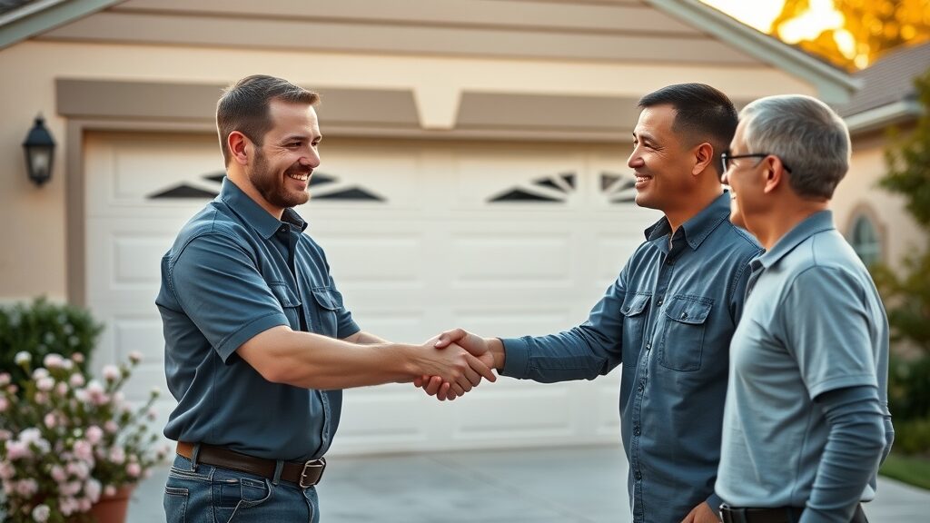 Eustis professional technician and homeowner shaking hands after successful garage door service appointment, evening light
