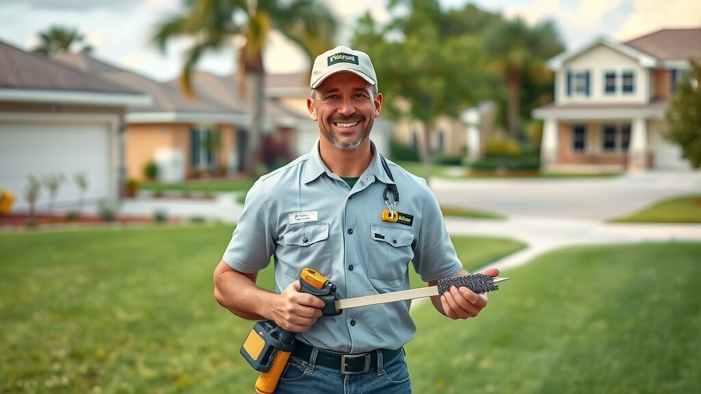 Eustis Florida handyman preparing tools in a suburban neighborhood, uniformed and smiling, with tidy houses in background, ready for home repair service.