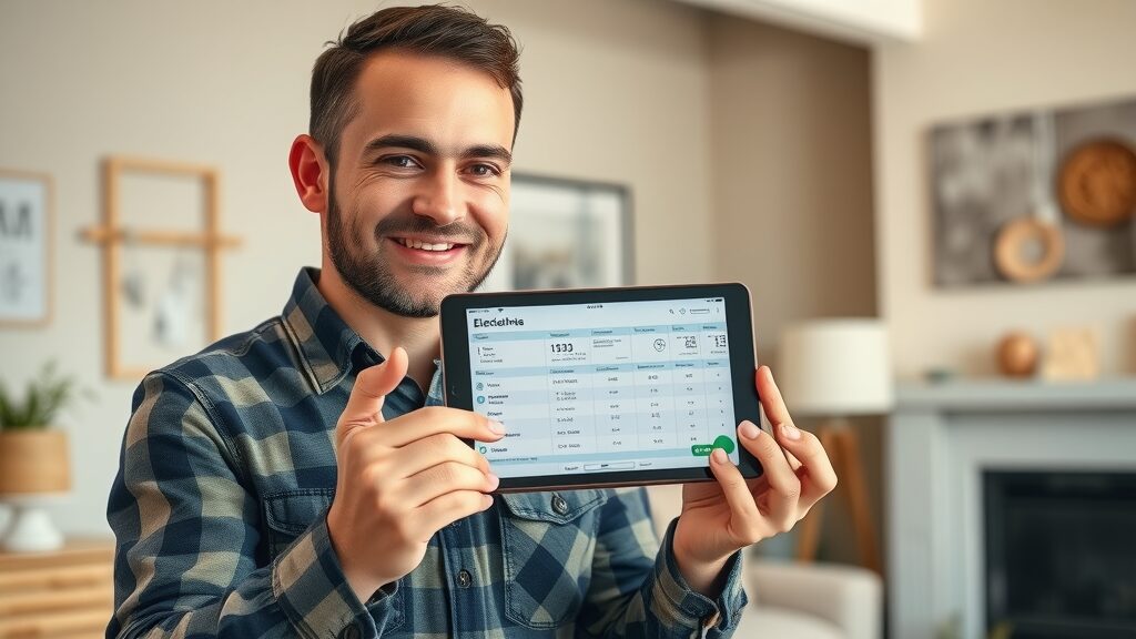 Friendly Eustis electrical contractor providing a digital free estimate to a homeowner in living room setting