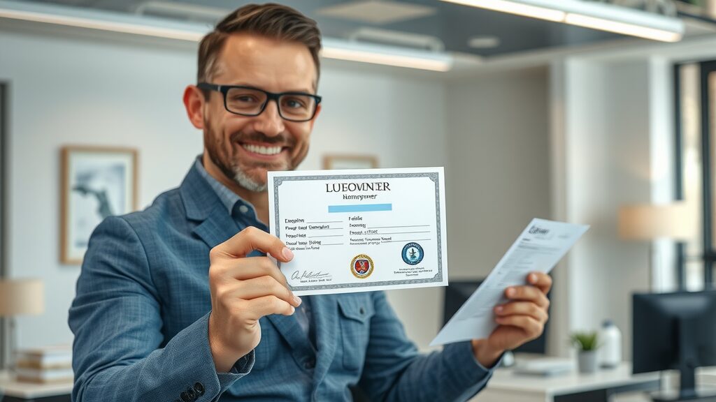 Professional contractor in Eustis FL showing valid license to a homeowner, confident and transparent