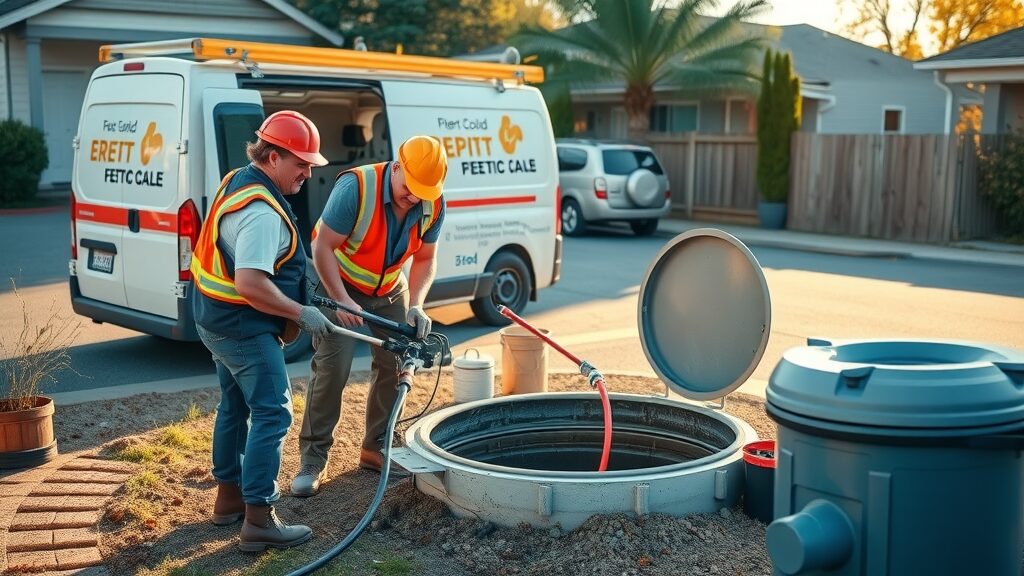 Professional septic repair team inspecting septic tank during emergency tank service in Eustis FL driveway