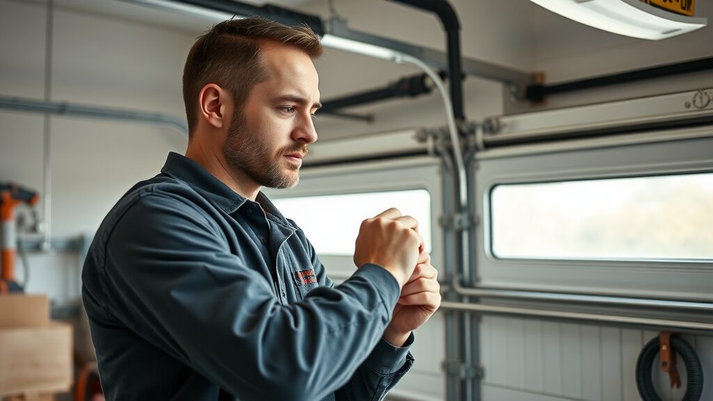 Efficient garage door technician installing sectional garage door, professional, secure, Eustis garage door installation