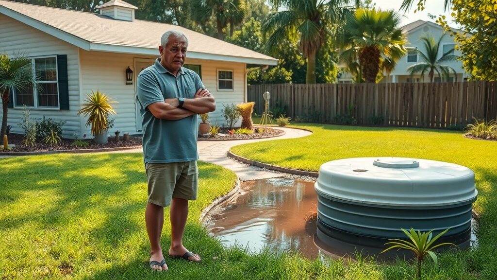 Concerned homeowner watching water pooling near septic tank in Eustis FL backyard, symbolizing urgent emergency septic repair needs