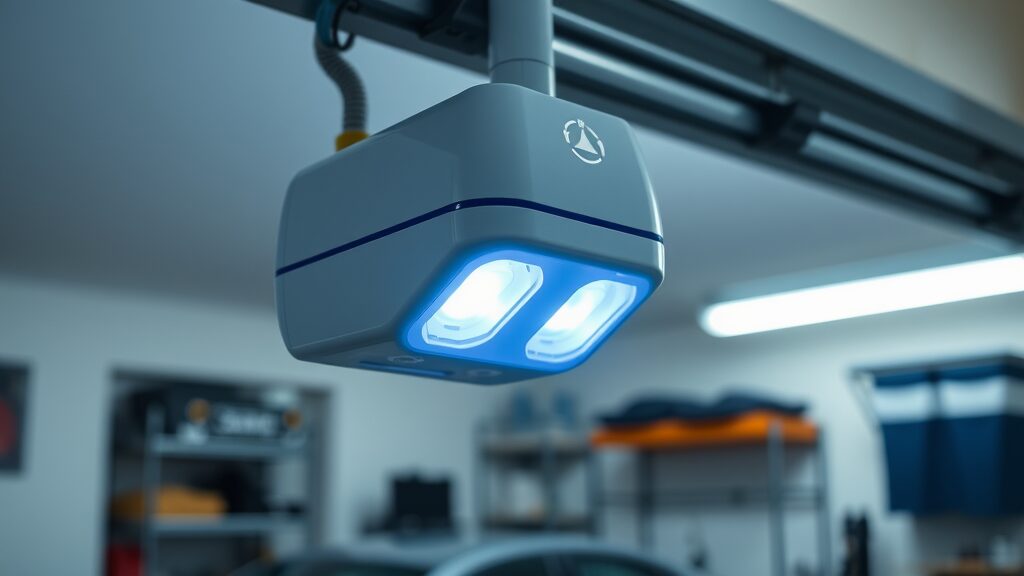 Sleek smart garage door sensor mounted inside a modern garage, indicator lights blinking, garage door auto-close ready for action, photorealistic, with visible car and organized shelves