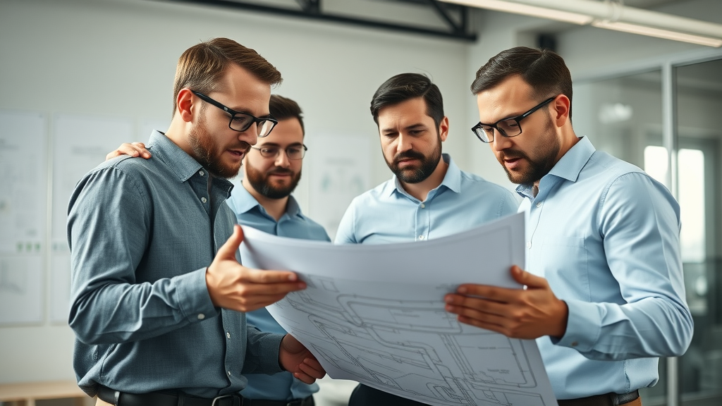 Modern plumbing team in Eustis, planning commercial facility plumbing system with blueprints, focused professionals