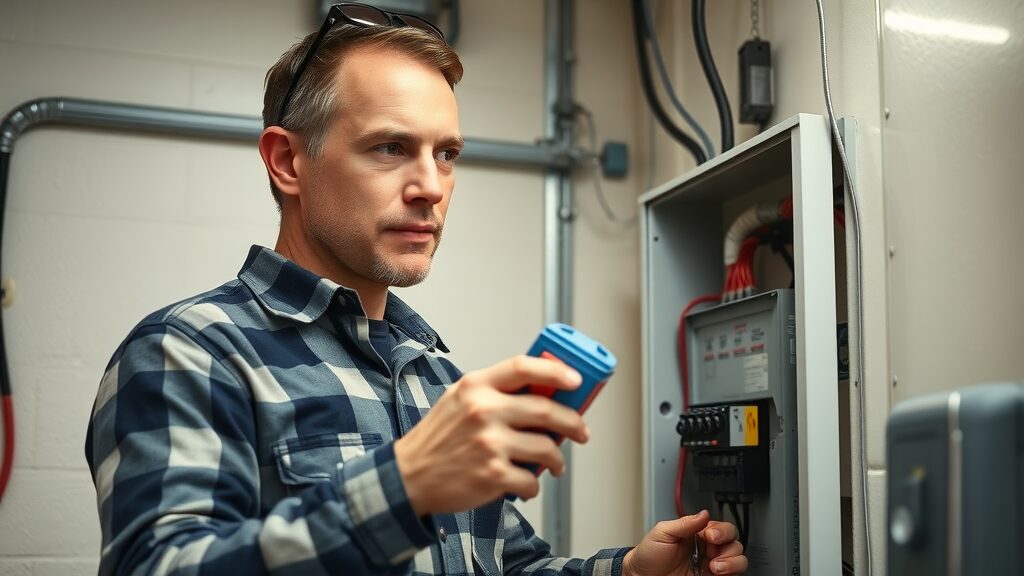 licensed electrician inspecting new electrical panel in Eustis home, using voltage tester, visible wiring and safety gear. electrical panel upgrade for eustis home safety.