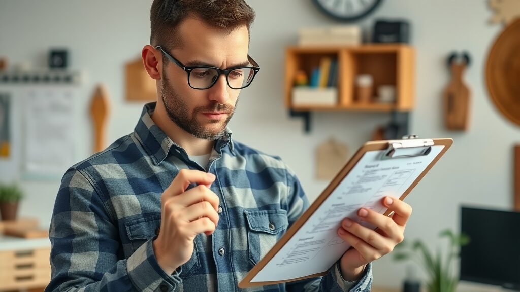 Meticulous Eustis handyman reviewing a checklist with background check papers, professional workspace, organized environment, home office, soft lighting.