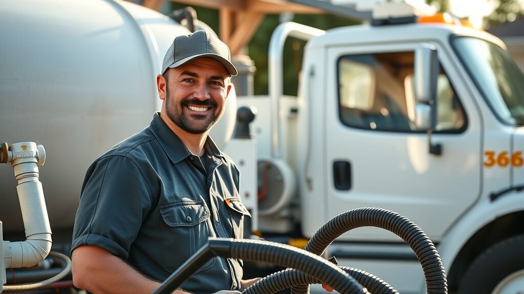 Eustis septic technician operating tank pump beside clean service truck—affordable septic repair in action