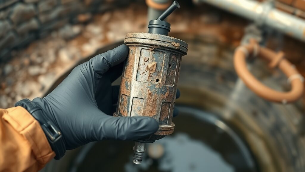 clogged septic tank filter being removed by technician in Eustis, Photorealistic, open tank background, extreme realism, brown palette, daytime