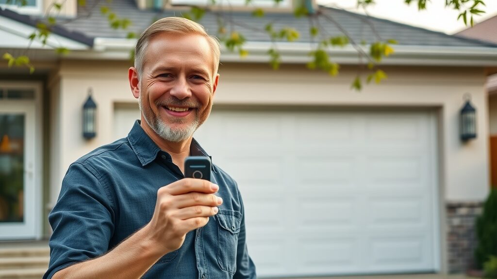 modern suburban home exterior, confident homeowner smiling, holding a garage door remote, background shows closed secure garage door, garage door remote control security