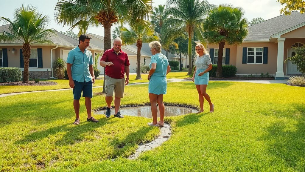 Florida residential yard with waterlogged patches, residents observing drain field problems—septic drain field repair Florida