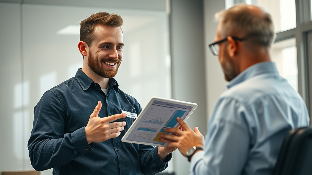 Experienced commercial plumber in Eustis showing maintenance checklist to business owner, digital tablet, plumbing service tips
