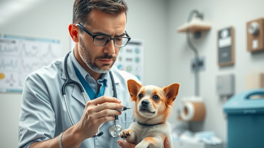Veterinarian examines dog in Eustis FL for safe pest control effects