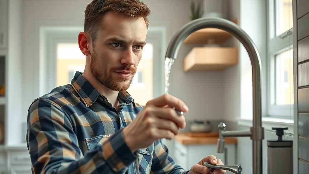 Handyman services Eustis Florida - attentive handyman repairing a kitchen faucet in a modern home