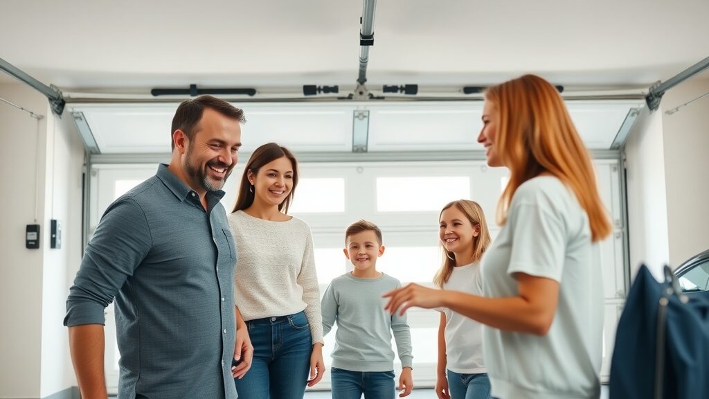 Family activating Eustis garage door auto-close feature in modern garage