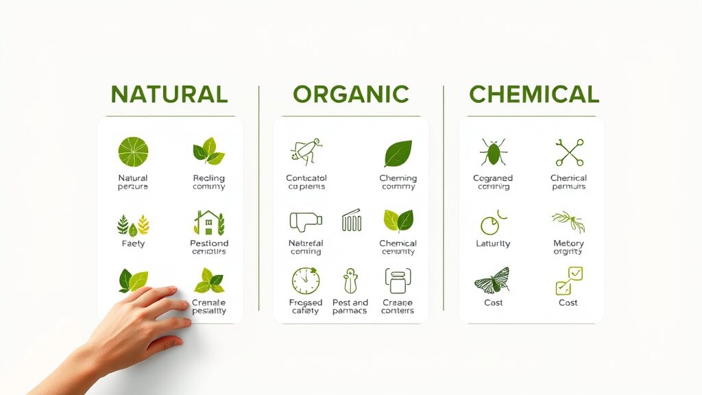 Natural, Organic, and Chemical pest control solutions comparison infographic, icons for cost, safety, effectiveness, longevity
