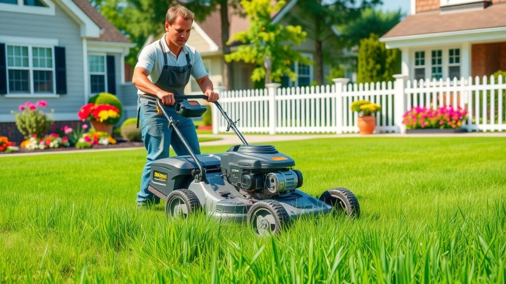 maintenance team member expertly mowing a lush green Eustis lawn for property maintenance and increased curb appeal