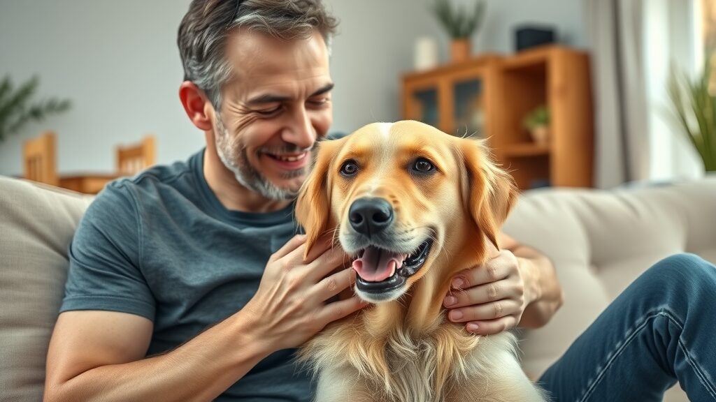 Dog owner caring for golden retriever in pest-free Eustis FL home, highlighting dog-safe pest control solutions