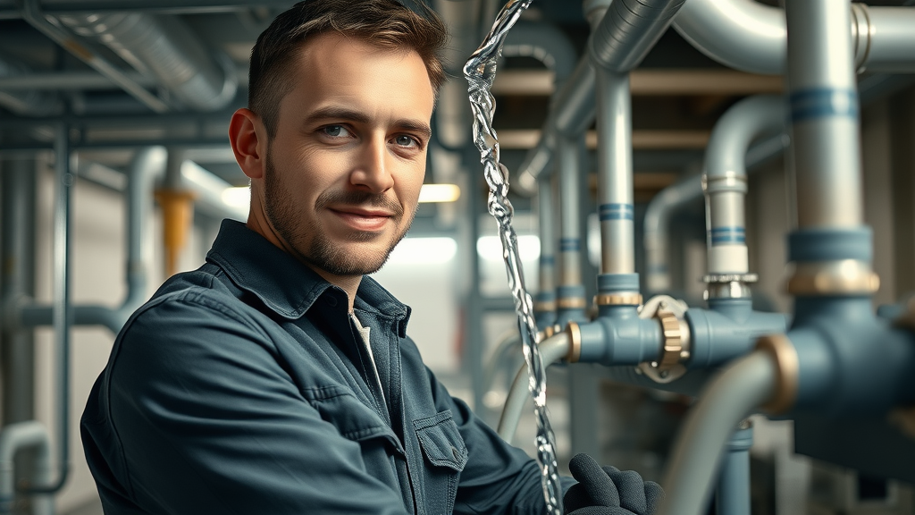 Professional commercial plumber Eustis inspecting industrial pipes in business basement, modern plumbing service, high capacity system