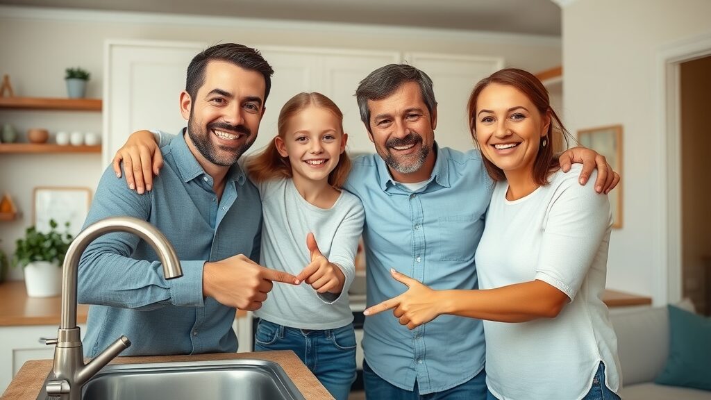 Happy Eustis family in kitchen, smiling after handyman repair to sink, showing off freshly repaired area, home improvement success.