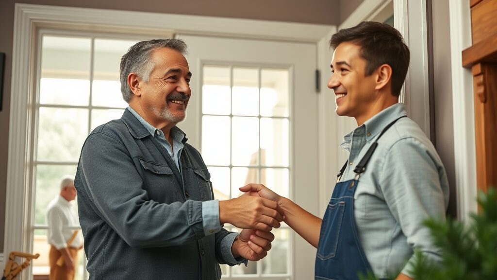 Smiling homeowner and handyman reviewing completed home repairs, satisfied, shaking hands in front of fixed door, photorealistic high fidelity lifelike, cozy home interior with visible repair tools, highly detailed, subtle sunlight streaming in window, warm color tones, mid-morning light, shot with a 24mm wide-angle lens.