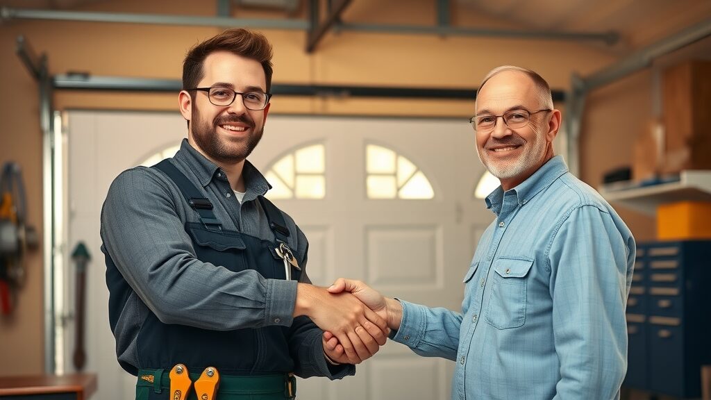 Garage door installer and homeowner after Eustis garage door installation, handshake, secure new door, professional, warranty, satisfaction