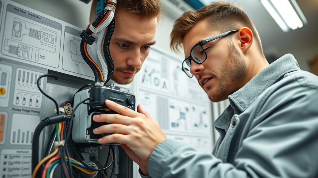 technician installing smart garage door controller on a garage door opener, wiring and mechanical parts visible, step-by-step smart garage door control upgrade