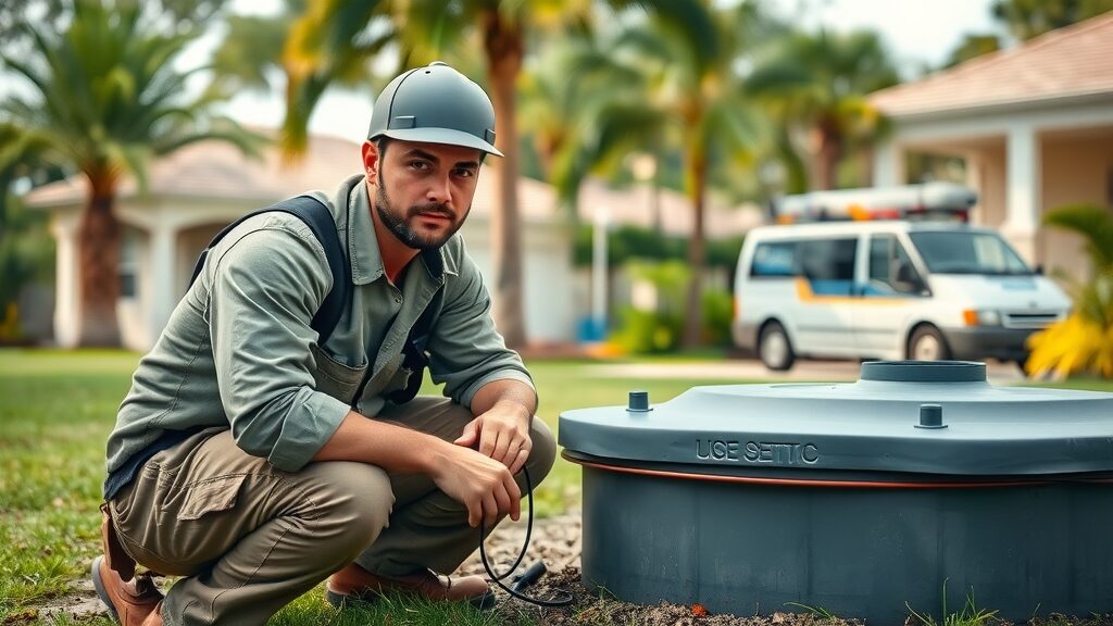 Professional septic system technician providing 24/7 septic system repair Florida among palm trees and subtropical backyard, with tools and work van, realistic Florida environment.