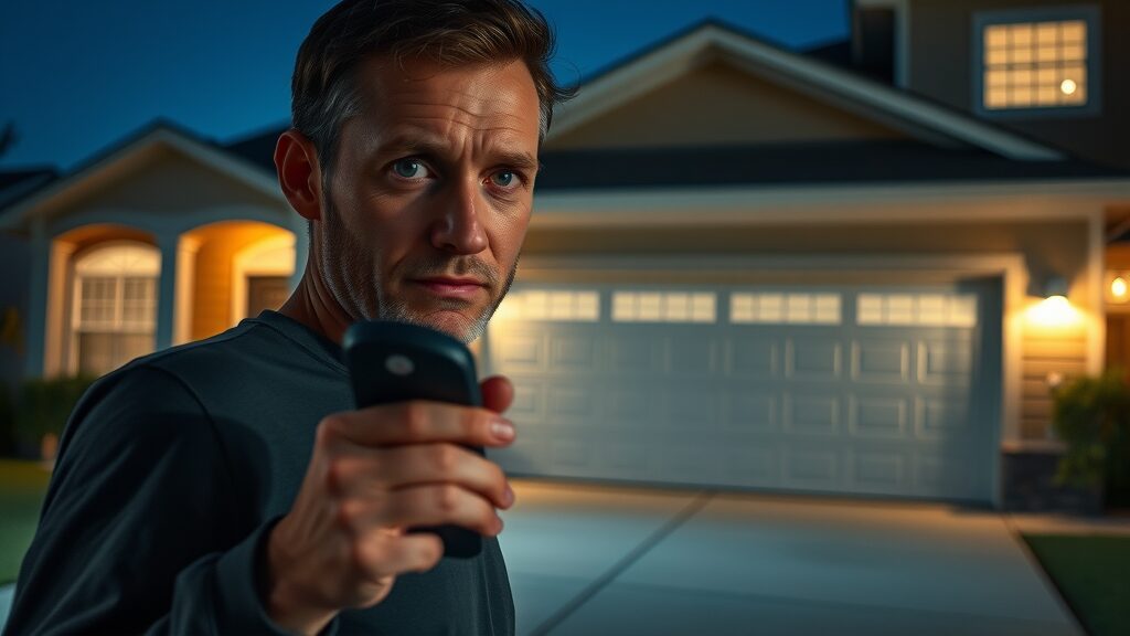 Homeowner checking garage door at night, Eustis garage door auto-close feature security