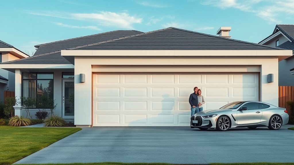 futuristic suburban home exterior with smart garage door sensors, family admiring convenience, smart garage door systems