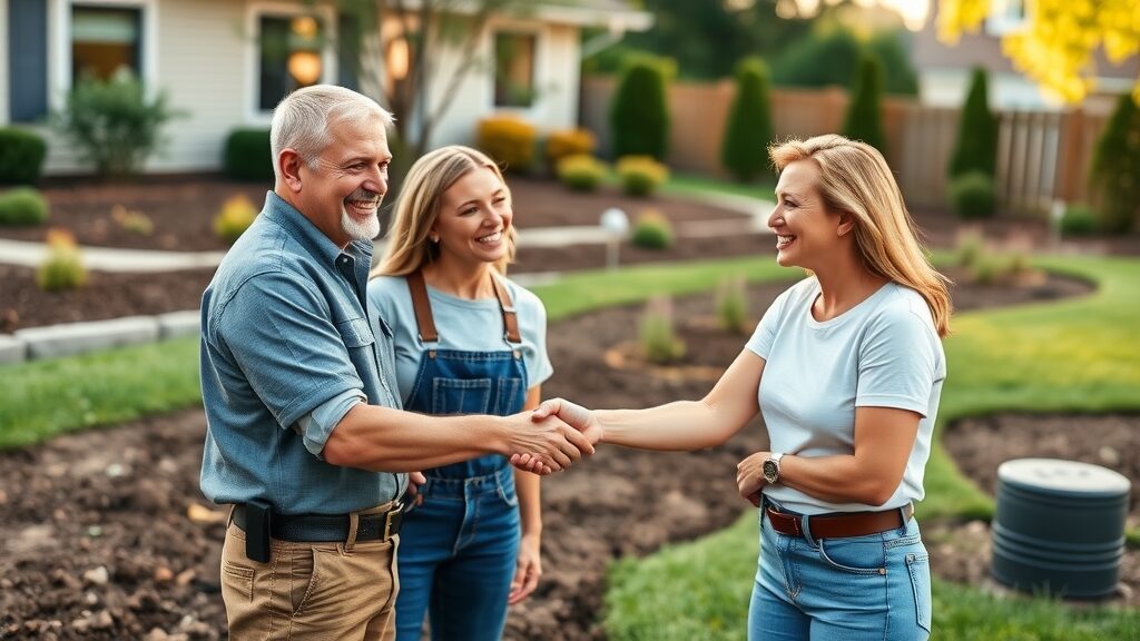 Eustis homeowners happily shaking hands with a licensed septic contractor in front of a new septic system installation.