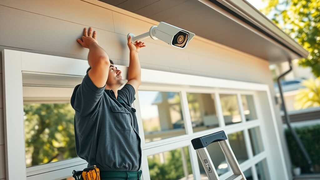Home technician installing a security camera above the garage door for advanced garage door security