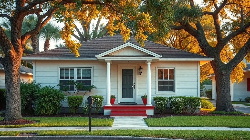 Inviting restored Florida bungalow in Eustis FL with curb appeal improvements, fresh paint, and repairs, golden hour lighting