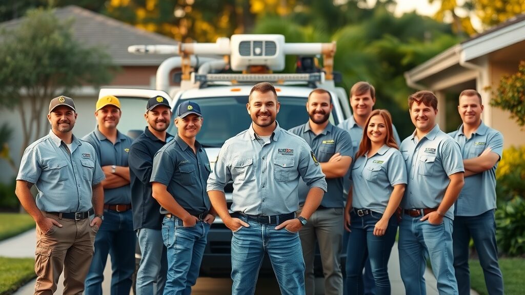 Professional team of licensed septic contractors in Eustis ready for septic tank service. Friendly professionals in front of a service truck in a green Eustis neighborhood at golden hour.