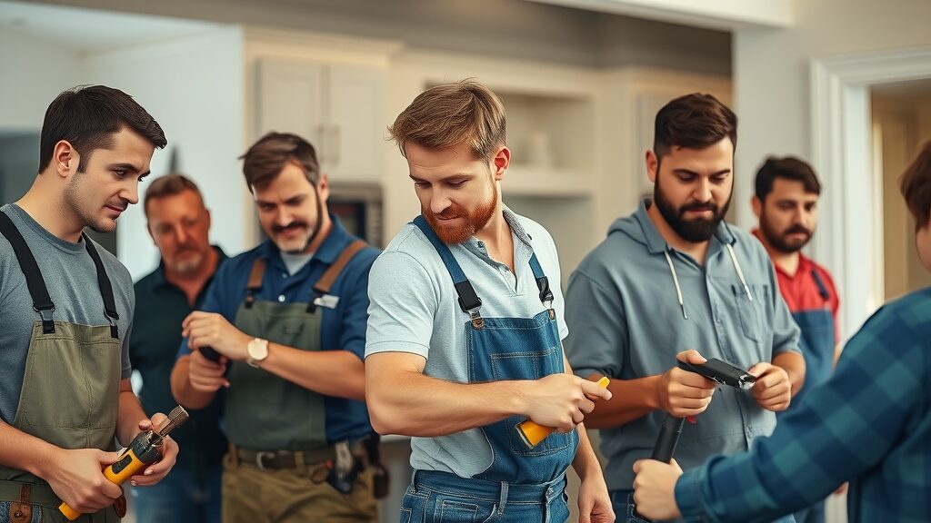 Diverse group of local handymen at work, focused, engaging in different tasks such as drywall repair and plumbing, photorealistic high fidelity lifelike, residential Eustis home interior in the background, highly detailed, subtle action such as stretching for a tool, modest clothing colors, overhead lighting, shot with a 35mm lens.