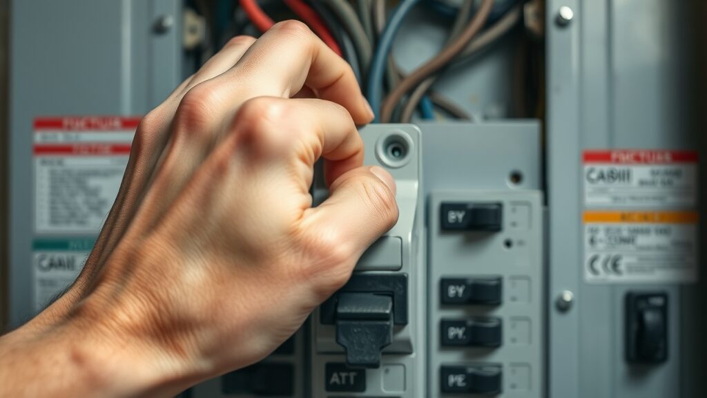 close-up of hand flipping a tripped circuit breaker in detailed breaker box, electrical repair eustis homes safety fix.
