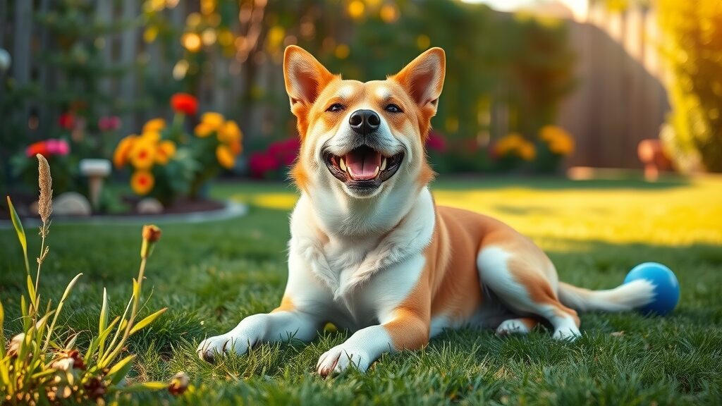 happy dog resting in a pest-free garden, joyful expression, sitting in sunlight, High Fantasy, backyard with flowers, grass, and clean dog toys visible, highly detailed, slight breeze moving leaves, vibrant greens and warm earth colors, golden hour soft lighting, shot with a 35mm lens. Pest-free safe home for dogs