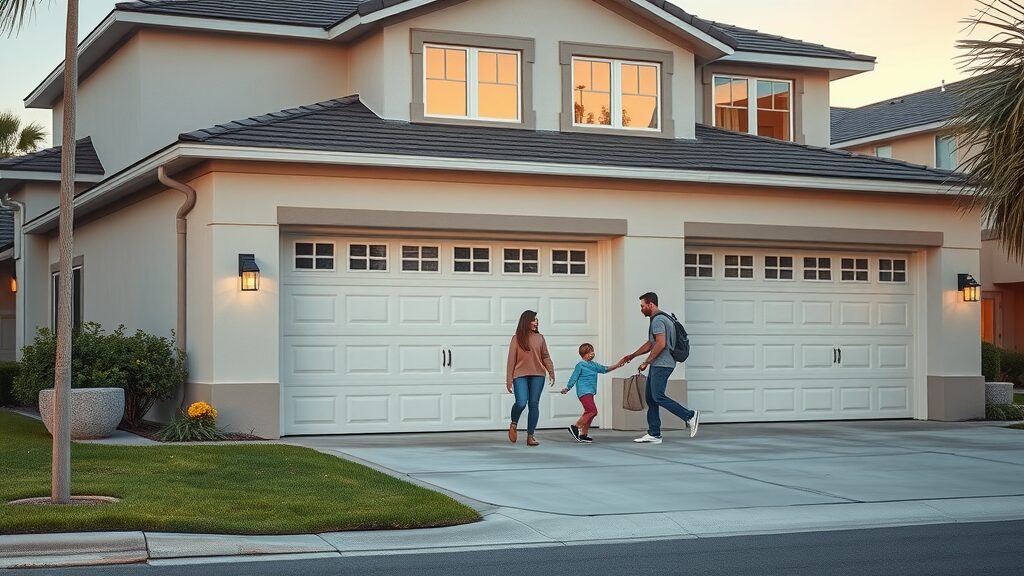 Modern home with secure, professionally serviced garage doors in Eustis neighborhood, happy family inside