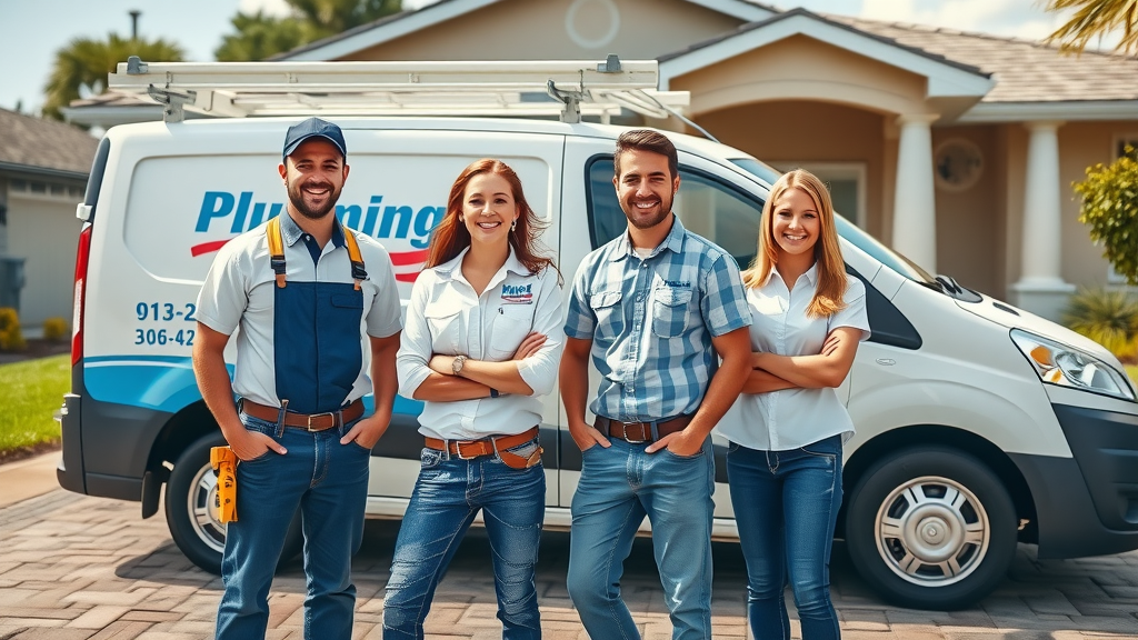 Friendly Eustis plumber team stands outside branded van at a typical Eustis FL residence